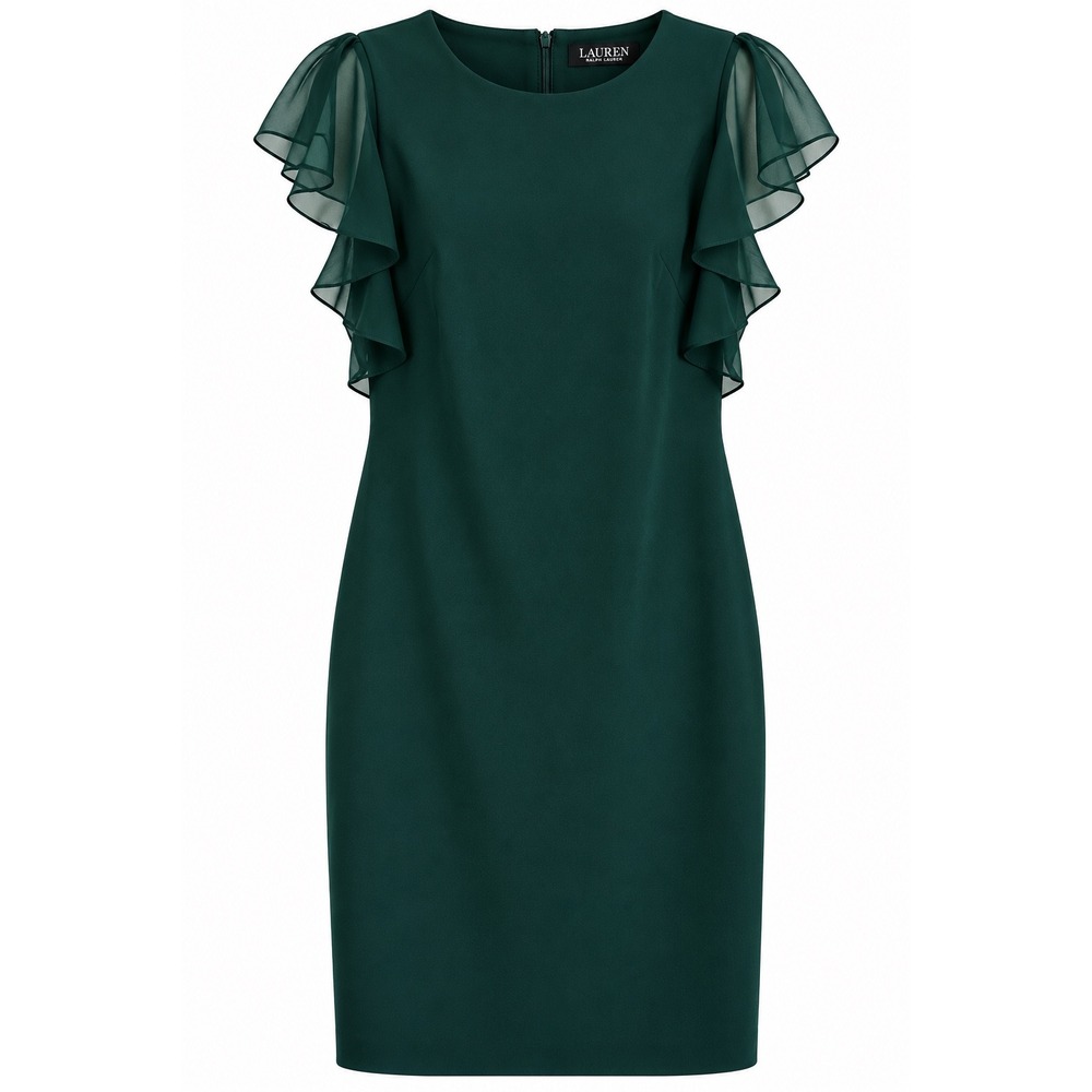 Ralph Lauren Forest Green Shift Dress Size 10 Chiffon Flutter Sleeve Lined